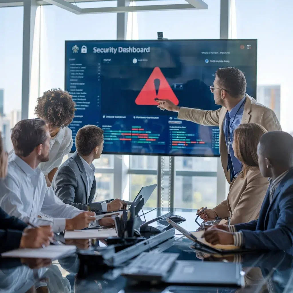 A team of IT professionals analyzing a security dashboard during a Bug Bounty Program meeting, discussing identified vulnerabilities and potential fixes in a modern office setting.