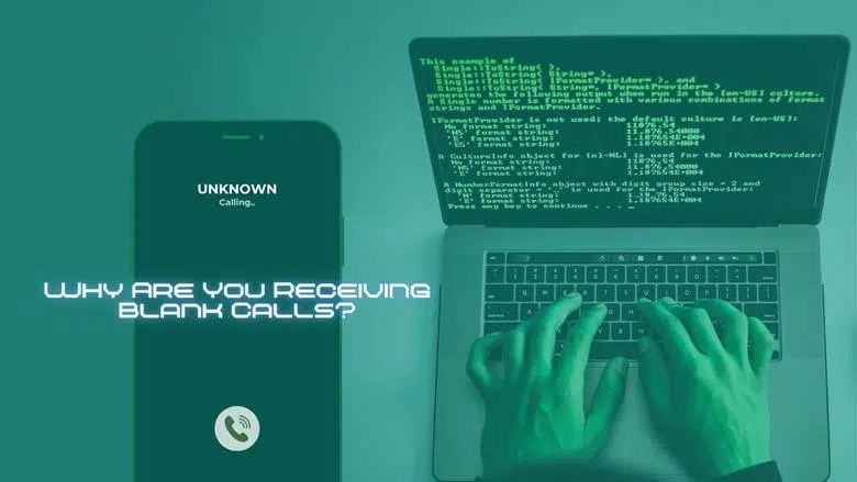 Smartphone showing incoming blank call from unknown number beside hacker typing on laptop, illustrating reasons behind blank calls in India