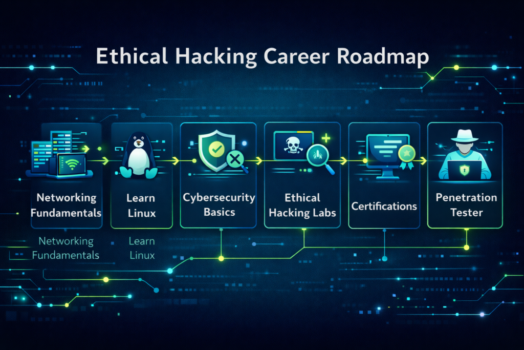 ethical hacking career roadmap infographic showing networking linux cybersecurity labs certifications and penetration tester path