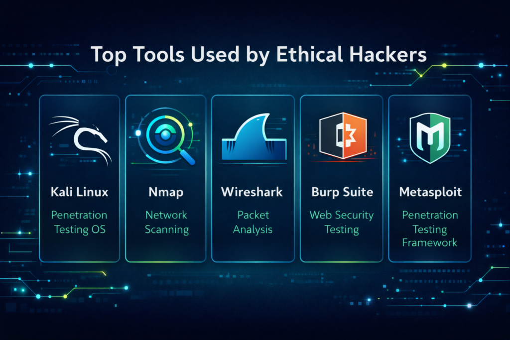 top ethical hacking tools infographic featuring kali linux nmap wireshark burp suite and metasploit
