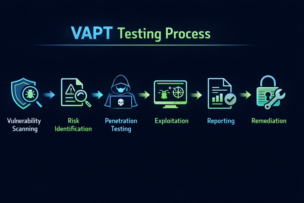 VAPT testing process infographic showing vulnerability scanning, penetration testing, exploitation and remediation steps