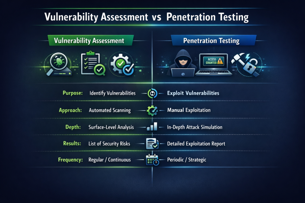 VAPT testing comparison infographic showing vulnerability assessment vs penetration testing differences in cybersecurity